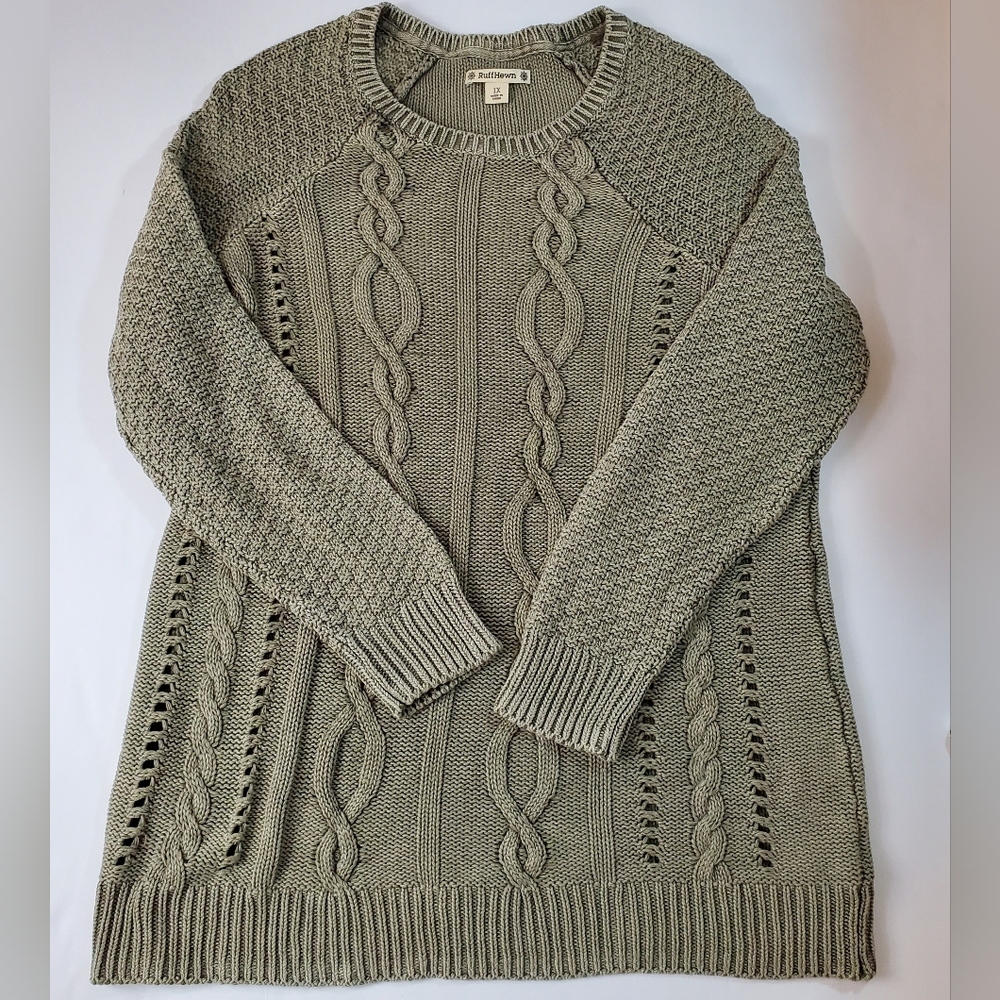 Ruff Hewn Olive Green Vintage Look Tunic Length Crew Neck Cable Knit Swe…